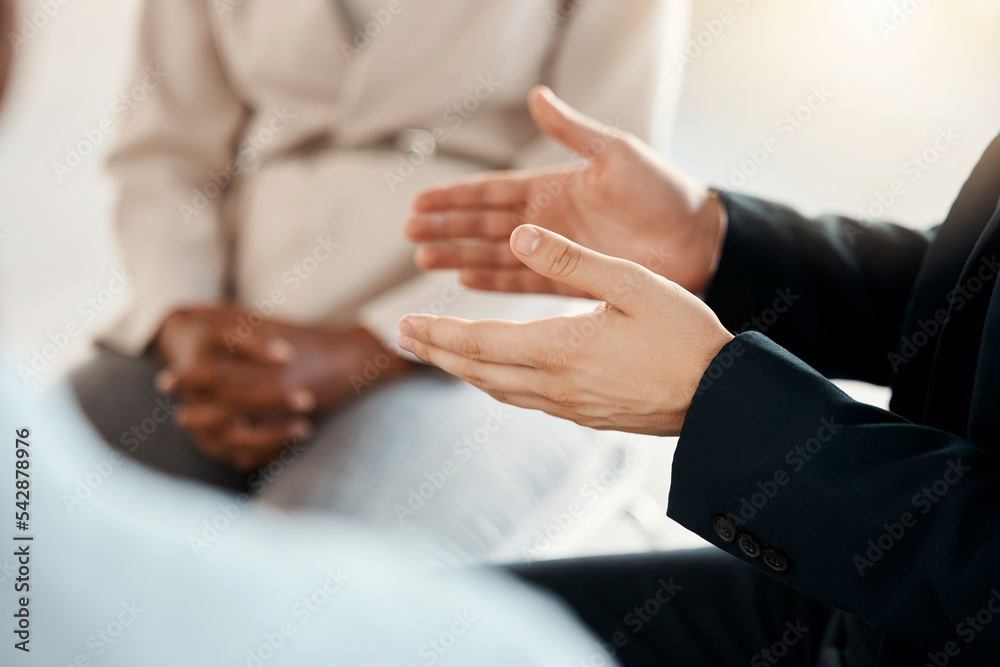 Woman, hands and support circle for office team building, company mental health or teamwork collaboration. Zoom, help or business people with worker diversity in psychology counseling therapy meeting