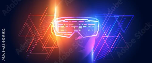 Inside the metaverse. Silhouette of a human face in augmented or virtual reality headset. Abstract digital world with neon lines. Vector illustration