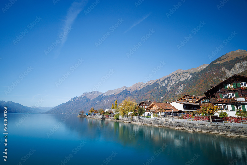 The calm blue waters of Lake Brienz, a lake just north of the Alps, in the canton of Berne in Switzerland