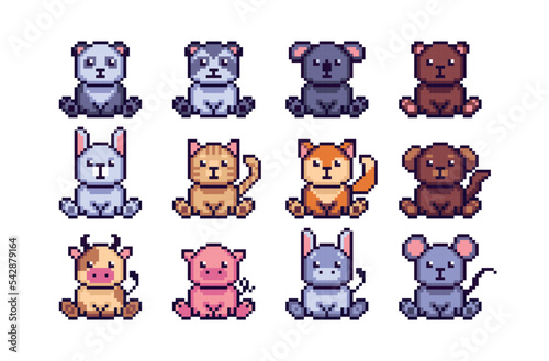 Cute baby animals pixel art set. Domestic and wild species collection. Sitting adorable pets and beasts. 8 bit sprite. Game development, mobile app.  Isolated vector illustration.