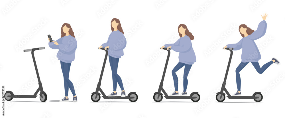 Fototapeta premium Set of funny women riding kick scooters. Flat cartoon vector illustration.