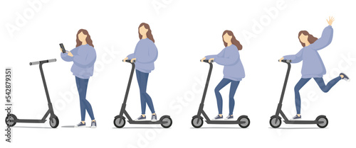 Set of funny women riding kick scooters. Flat cartoon vector illustration. photo