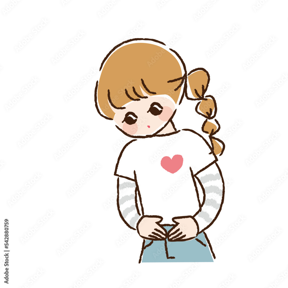 お腹を見て両手で触っている10代女子