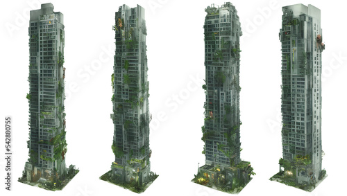 City high-rises, doomsday ruins,Abandoned tall building with a lot of moss and plants