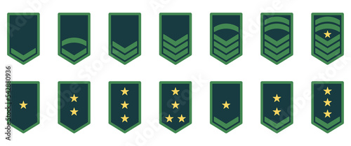 Army Rank Icon. Military Badge Insignia Green Symbol. Chevron Yellow Star and Stripes Logo. Soldier Sergeant, Major, Officer, General, Lieutenant, Colonel Emblem. Isolated Vector Illustration