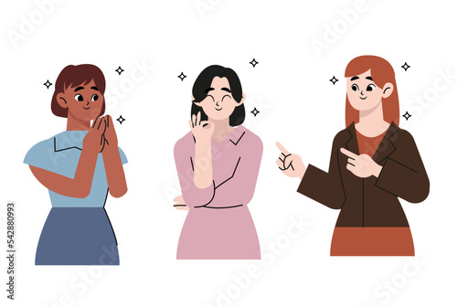 Three women near each other with concept Love Yourself. Confident girls support each other. Body positive and self-acceptance concept. Vector illustration