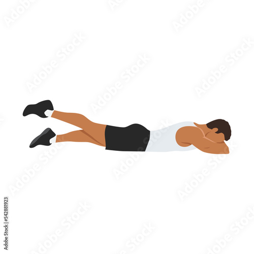 Man doing Prone or lying leg lifts exercise. Flat vector illustration isolated on white background
