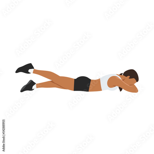 Woman doing Prone or lying leg lifts exercise. Flat vector illustration isolated on white background