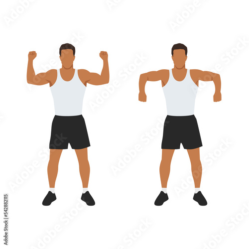 Man doing doing exercise - scarecrow arms elbow shoulder rotations. Flat vector illustration isolated on white background