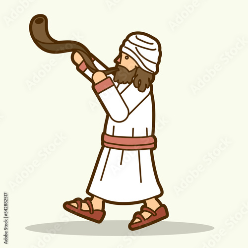 Jewish Blowing the Shofar Kudu Horn Cartoon Graphic Vector