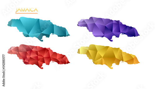 Set of vector polygonal maps of Jamaica. Bright gradient map of the country in low poly style. Multicolored Jamaica map in geometric style for your infographics. Superb vector illustration.