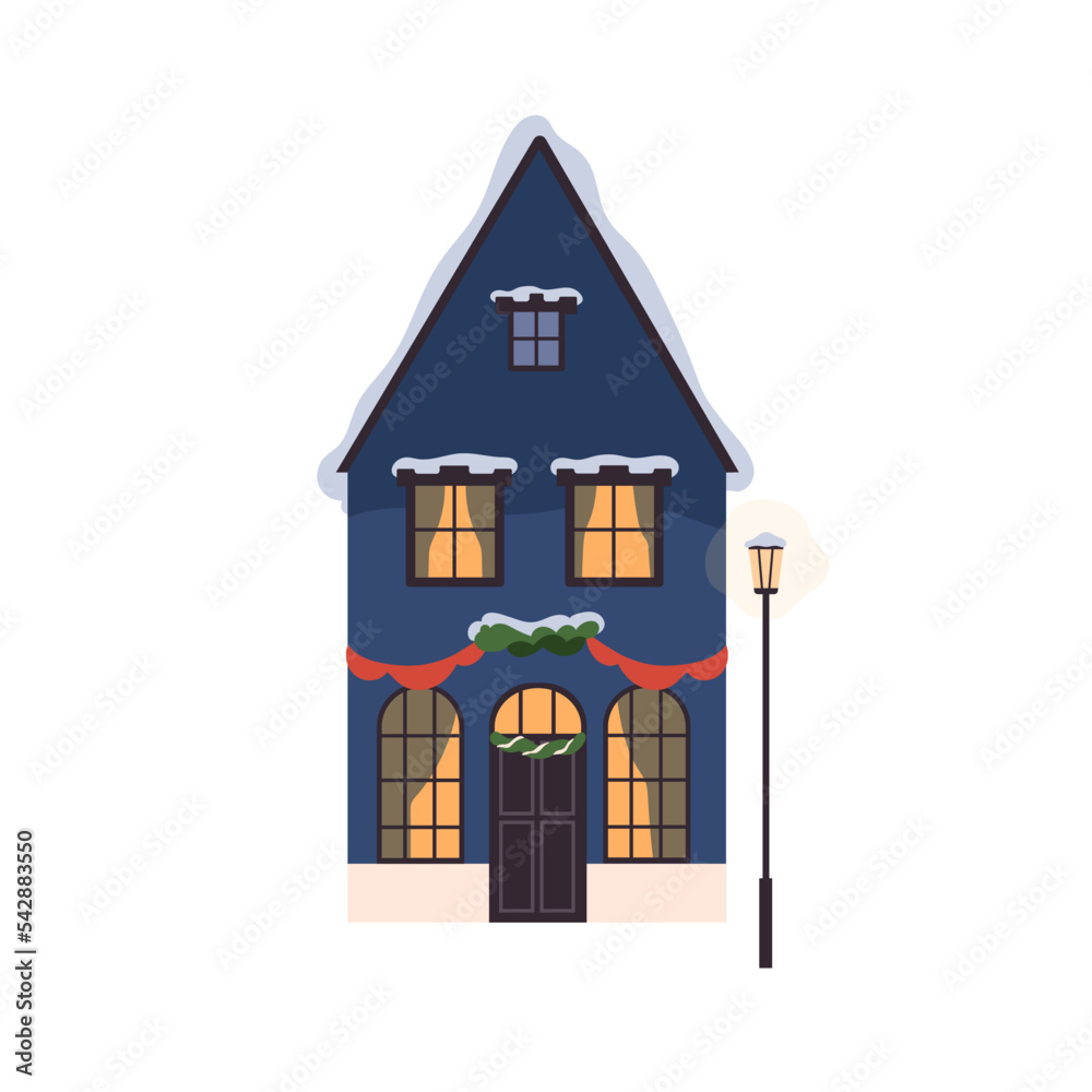 Naklejka premium Winter house with Christmas holiday decoration. European building facade, exterior with festive ornament, traditional Xmas decor on windows, door. Flat vector illustration isolated on white background