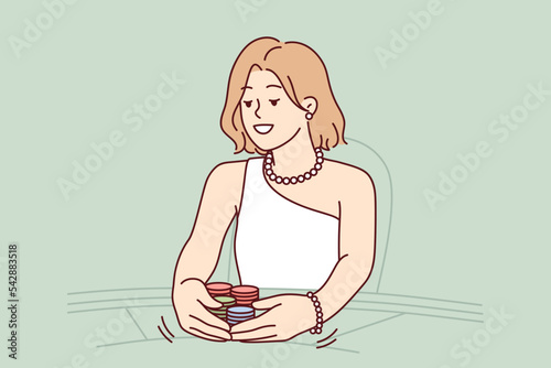 Woman sit on table in casino playing game for money. Smiling female in dress gambling in gaming house. Addiction and entertainment. Vector illustration. 