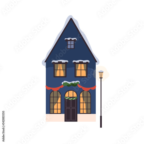 Winter house with Christmas holiday decoration. European building facade, exterior with festive ornament, traditional Xmas decor on windows, door. Flat vector illustration isolated on white background