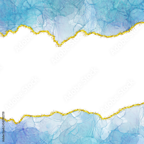 Blue Gradient Watercolor Alcohol Ink Border With Gold Glitter Dust Confetti