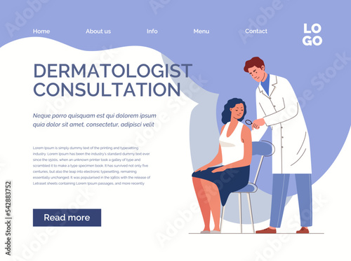 Concept of healthcare and medicine, dermatology. Dermatologist doctor holds magnifying glass over patient's skin. Woman at reception in physician's office. Vector flat illustration isolated background