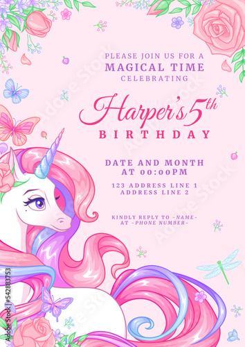 Birthday party invitation template with unicorn, flowers and butterflies. Vector illustration on pink background.