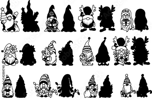 Vector cute hand drawn Christmas gnomes cartoons, black silhouette isolated on white. Two-layer gnome templates for laser cutting.  New Year's gnomes with gifts.
