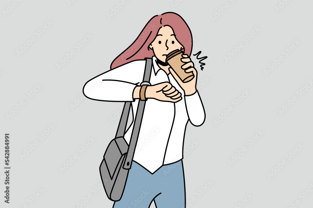 Young woman drink coffee from takeaway cup look at wristwatch worried to miss deadline. Girl student enjoy coffee check time on clock. Vector illustration. Young woman drink coffee from takeaway cup look at wristwatch worried to miss deadline. Girl student enjoy coffee check time on clock. Vector illustration.