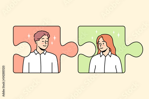 Jigsaw puzzles with man and woman connecting. Concept of couple connection and relationships. Love and affection. Vector illustration. 