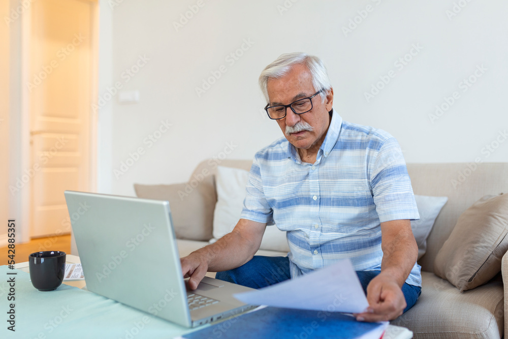 Mature businessman sit on sofa working on computer wireless device using e-banking application paying bills online, typing e-mail solve issues distantly, older generation and modern tech usage concept Mature businessman sit on sofa working on computer wireless device using e-banking application paying bills online, typing e-mail solve issues distantly, older generation and modern tech usage concept