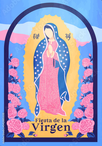Our Lady of Guadalupe, Empress of America. Virgen de Guadalupe in a watercolor style with a frame of roses
