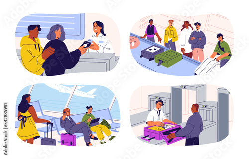 Passengers in airport set. People travel with luggage. Tourists and security staff, passport control, check-in desk, waiting at baggage carousel. Flat vector illustrations isolated on white background