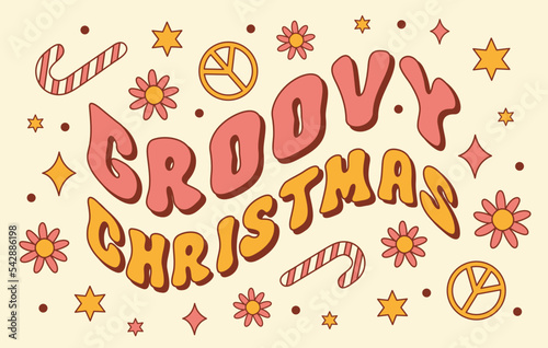 Groovy Christmas horizontal background. Retro vintage banner in style 60s  70s. Wavy text  daisy flowers  sweets and peace symbol on beige background. Trendy vector illustration