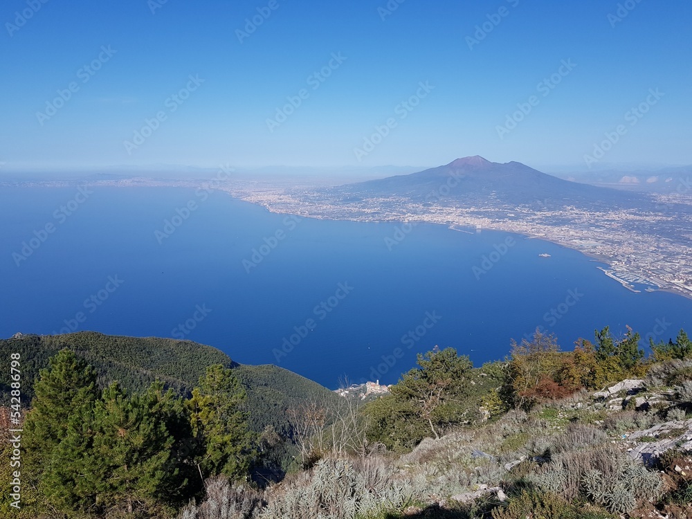 Panorama of the blue sea and volcano Vesuvius