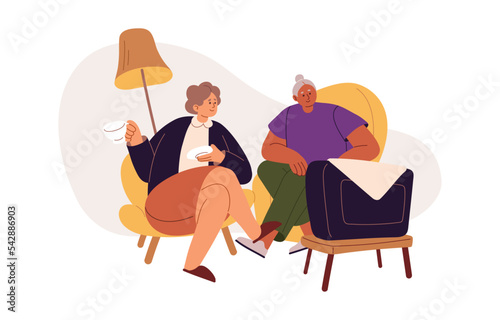 Senior women friends watching TV, sitting in armchairs at home. People of old age at television. Leisure of elderly female characters, retirement. Flat vector illustration isolated on white background