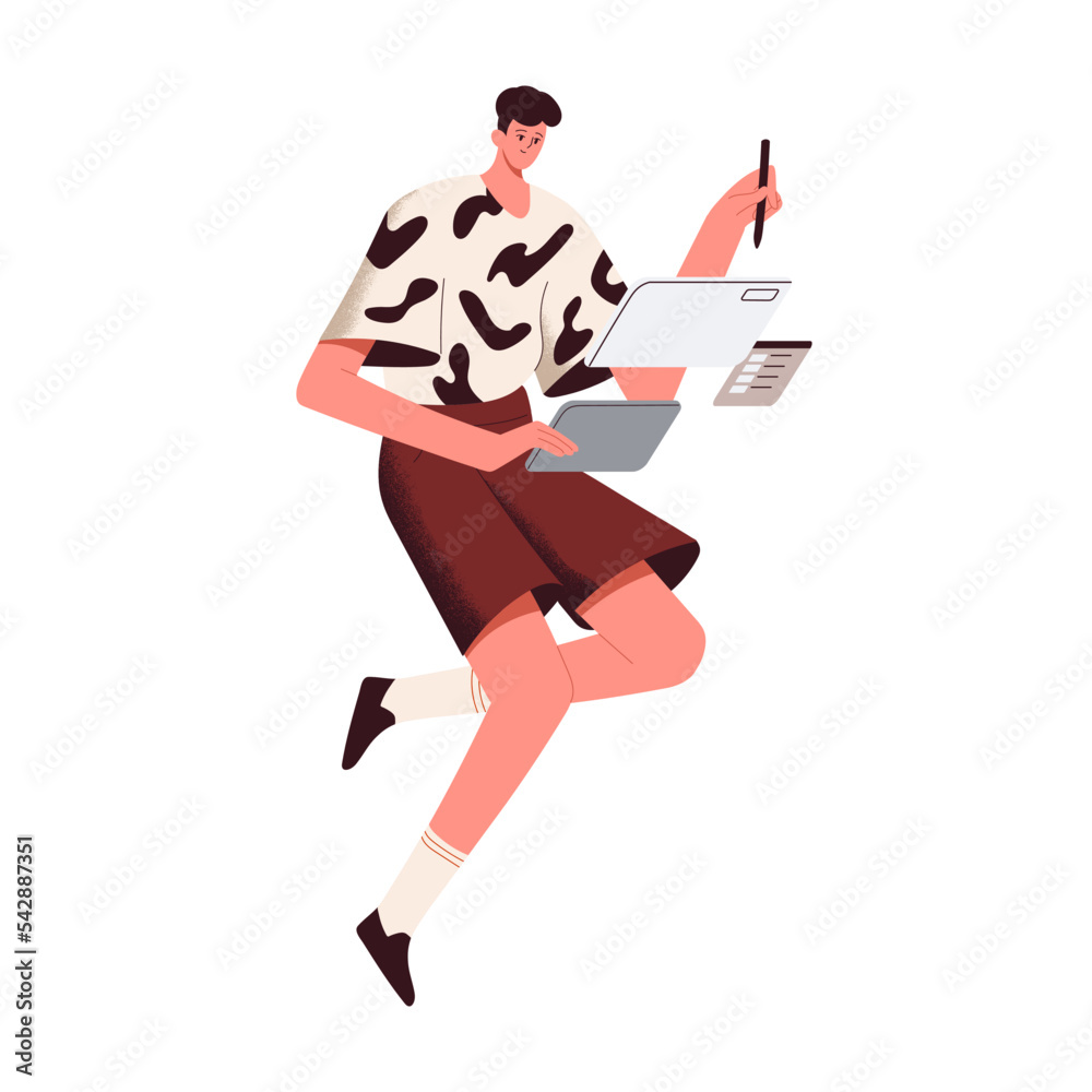 Digital artist painting with stylus at tablet PC. Creative illustrator drawing. Web-designer at work, creation process, creating design. Flat vector illustration isolated on white background Digital artist painting with stylus at tablet PC. Creative illustrator drawing. Web-designer at work, creation process, creating design. Flat vector illustration isolated on white background