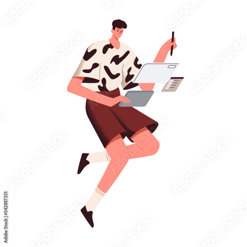 Digital artist painting with stylus at tablet PC. Creative illustrator drawing. Web-designer at work, creation process, creating design. Flat vector illustration isolated on white background