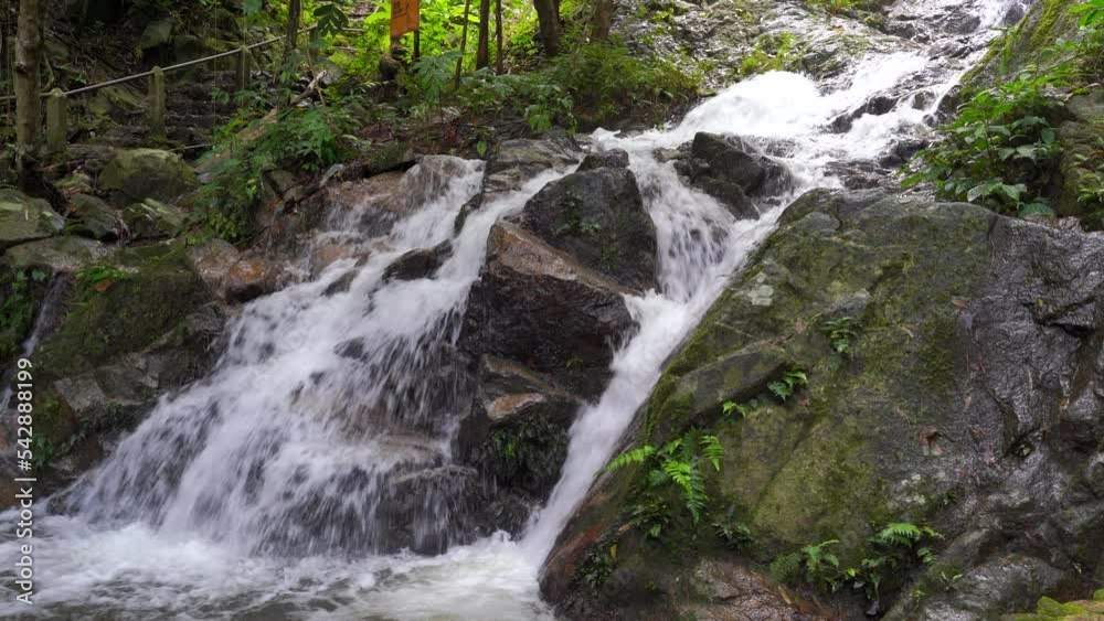 Medium view of cascading waterfall falling down mossy rocks