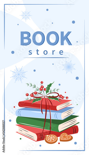 Book store. Layout design for bookstore, library, sale in bookshop. Books with winter decor. Vector illustration