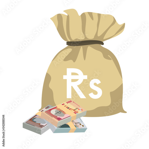 Mauritius Rupee Vector Illustration. Mauritian money set bundle banknotes. Money bag 2000, 1000, 500 MUR. Flat style. Isolated on white background. Simple minimal design.