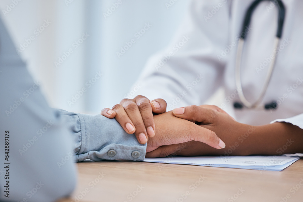 Doctor, patient and holding hands for empathy, trust and hope in consulting, support and healthcare insurance. Kindness, counseling and therapy from medical worker, psychology help and mental health Doctor, patient and holding hands for empathy, trust and hope in consulting, support and healthcare insurance. Kindness, counseling and therapy from medical worker, psychology help and mental health