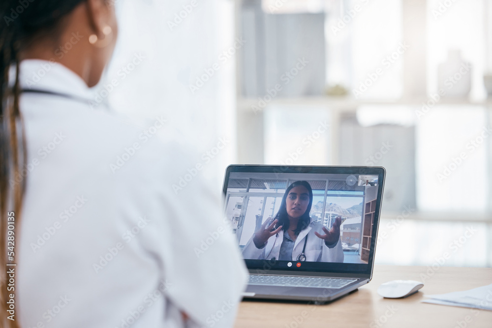Video call, discussion and doctors on an online meeting with laptop in the office of clinic. Healthcare workers talking about medicine, surgery and results in online medical conversation on computer. Video call, discussion and doctors on an online meeting with laptop in the office of clinic. Healthcare workers talking about medicine, surgery and results in online medical conversation on computer.
