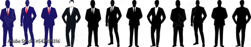 Business man black silhouette shadow set. Businessman with blue male suit and red tie