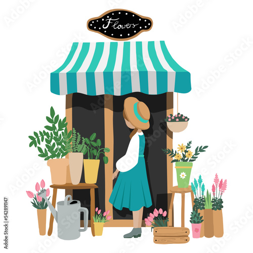
girl in hat in flower shop on the white background