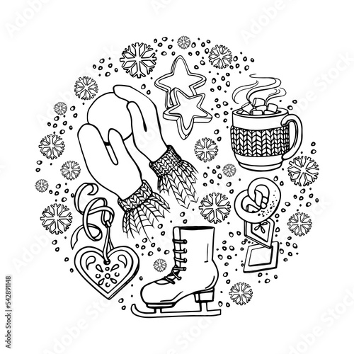 hand drawn winter sketch with ice skate in circle on the white background