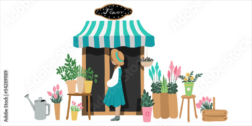 
girl in flower shop horisontal on the white background