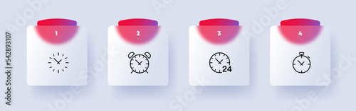 Clocks set icon. Punctuality, alarm clock, hour, minute, planning, schedule, plan, appointment, 24, around the clock, signboard, watch, timer, stopwatch. Time management concept. Glassmorphism style