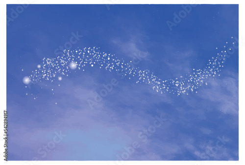 魔法のかかるキラキラした光りが流れる空の背景イラスト