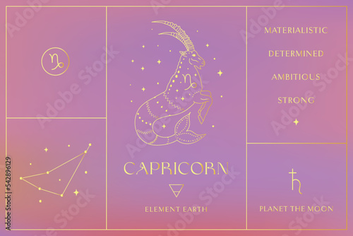 Capricorn Zodiac Sign Golden Design Illustrations. Esoteric Vector Element, Icon