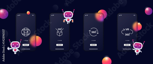 Virtual reality set icon. 360 degrees, planet, vr helmet, glasses, three dimensional cube, technology, augmented, cyberspace, ai, ar. Metaverse concept. Glassmorphism. UI phone app screens
