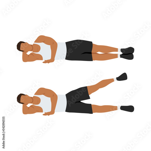 Man doing Lying side leg lifts or lateral raises hip abductors or adductors. Leg Raise Exercise in 2 step. Flat vector illustration isolated on white background