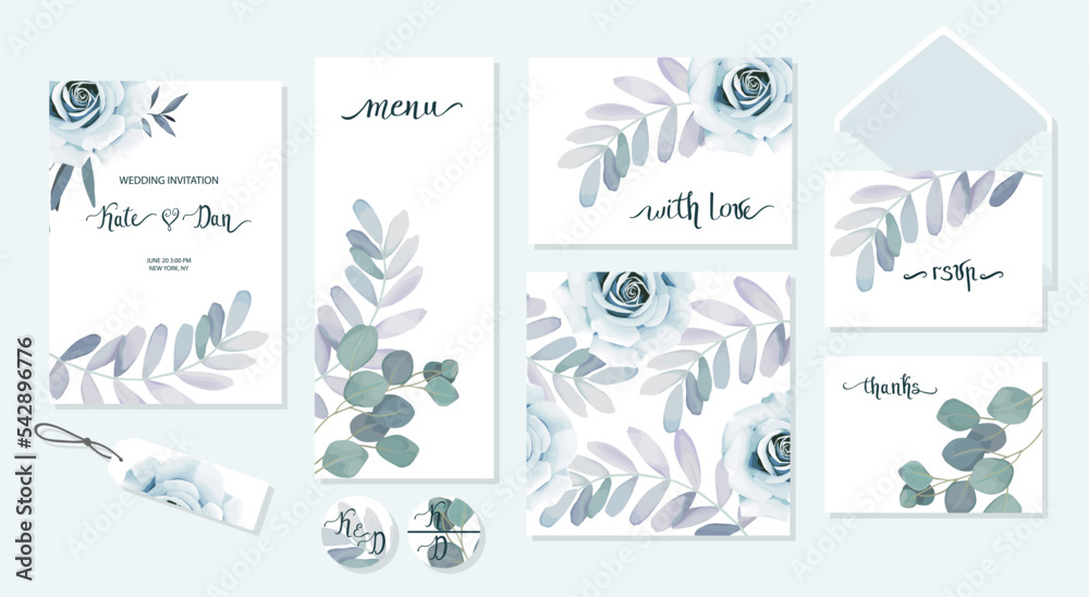 Set of floral card with eucalyptus leaves and blue rose. Greenery frame. Rustic style. For wedding, birthday, party, save the date. Vector illustration. Watercolor style