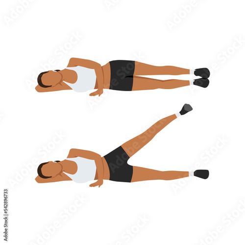 Woman doing Lying Crossover Leg Lift Exercise in 2 steps. Illustration about workout diagram for muscles stretch, leg, thing, hip. Flat vector illustration isolated on white background