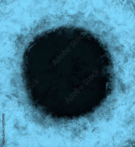 A frame of a frosty pattern on a black background. A round frame with an abstract ice structure allows you to apply or add a frost effect. Frost on the glass, freezing effect