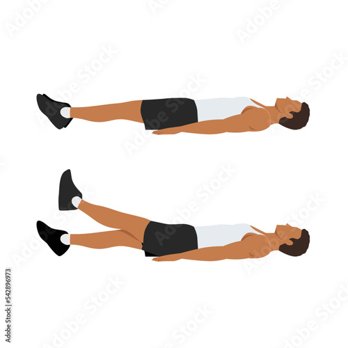 Man working out on her strength of stomach abs. Lying single or one leg lifts raises. Flat vector illustration isolated on white background